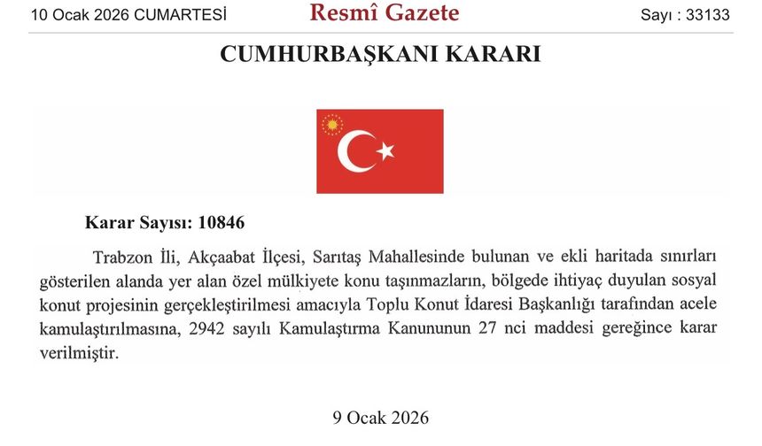 Trabzon Akçaabat’ta Sosyal Konut İçin Acele Kamulaştırma Kararı