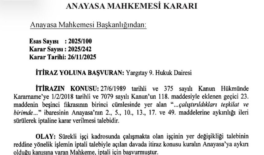 Kamu İşçilerine Tayin Hakkı Geldi: AYM’den Kritik İptal Kararı