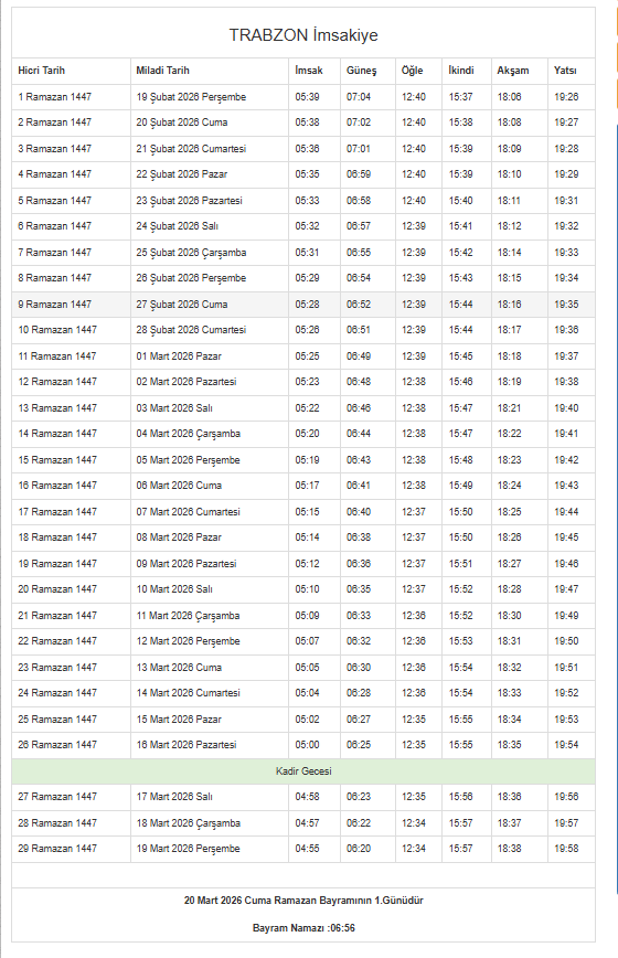Trabzon Imsakiye 2026 Diyanet