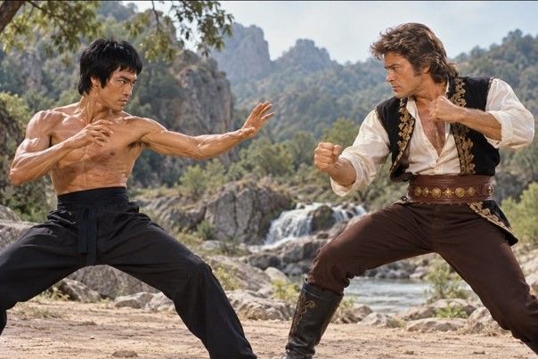 Fotoğraf için açıklama: İki yenilmez çocukluk kahramanı: Bruce Lee ve Kara Murat. Yapay zekâ ile oluşturulmuş temsili görsel.